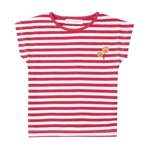 SENSE ORGANICS - DORA - KURZARM T- SHIRT - PINK STRIPES + LEAF APPLIQUÉ