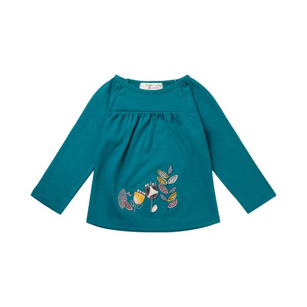 Sense Organics - ADSILA - BABY SHIRT LANGARM - Teal/Leaves Appliqué