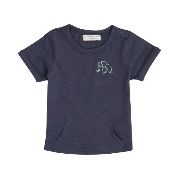 SENSE ORGANICS - TAMO - BABY KURZARM T- SHIRT MIT KÄNGURU TASCHE - NAVY + ELEPHANT EMBROIDERY