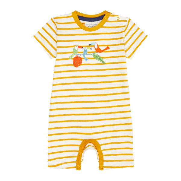 SENSE ORGANICS - YOEKY ROMPER S/S - KURZER JERSEY- OVERALL BIO - CURRY STRIPES + BIRDS