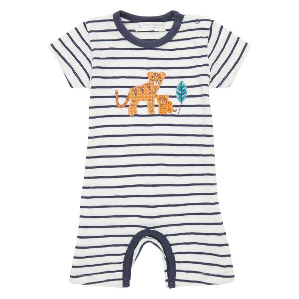 SENSE ORGANICS - YOEKY ROMPER S/S - KURZER JERSEY OVERALL - NAVY STRIPES + TIGER APPLIQUÉ