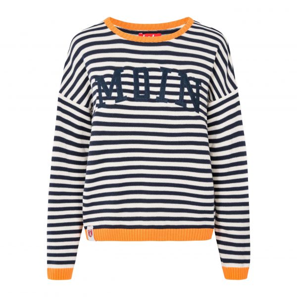 DERBE - MOIN - GESTREIFTER DAMEN STRICKPULLOVER - NAVY/SUN ORANGE
